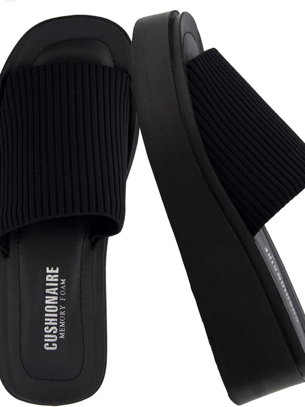 CUSHIONAIRE Black Ribbed Slide wedge minimalist comfy memory foam Sandals